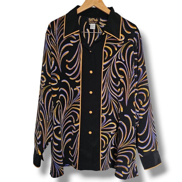 Bob Mackie Wearable Art Tunic Top Size 1X Button Up Shirt Black Gold Swirl Artsy - Picture 1 of 11